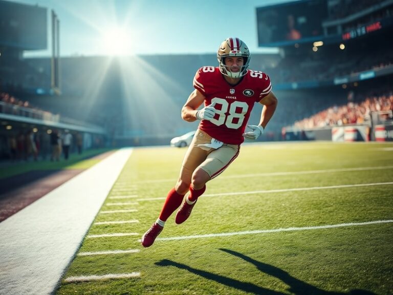 Josh Hokit in a Los Angeles Rams uniform, mid-stride on the field, with a stadium crowd blurred in the background. The image