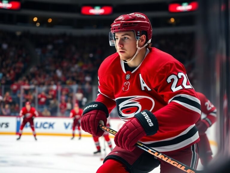 A dynamic action shot of Sebastian Aho in a Carolina Hurricanes jersey, mid-stride on the ice with the RBC Center (PNC Arena)