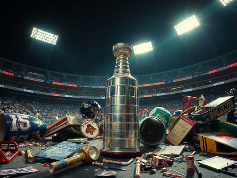 Action shot of the Carolina Hurricanes celebrating on the ice after winning the Stanley Cup, with players hoisting the trophy