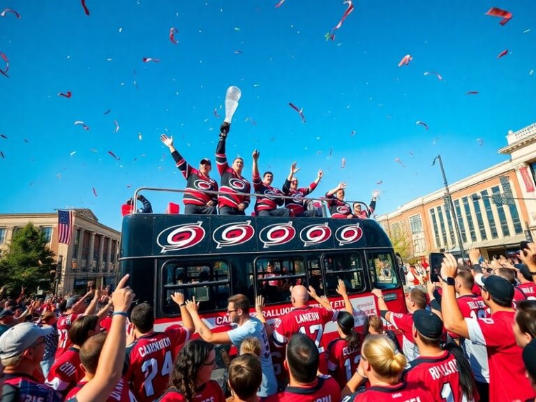 A vibrant aerial view of the Carolina Hurricanes parade in Raleigh, North Carolina. The image shows a massive crowd wearing t