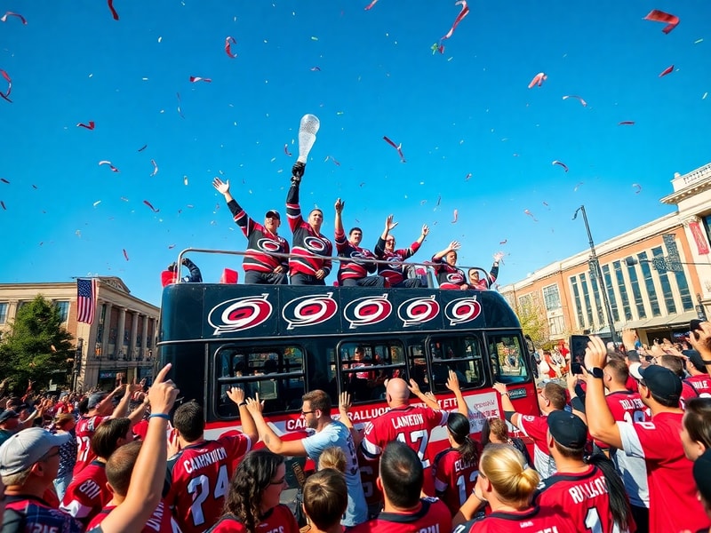 A vibrant aerial view of the Carolina Hurricanes parade in Raleigh, North Carolina. The image shows a massive crowd wearing t