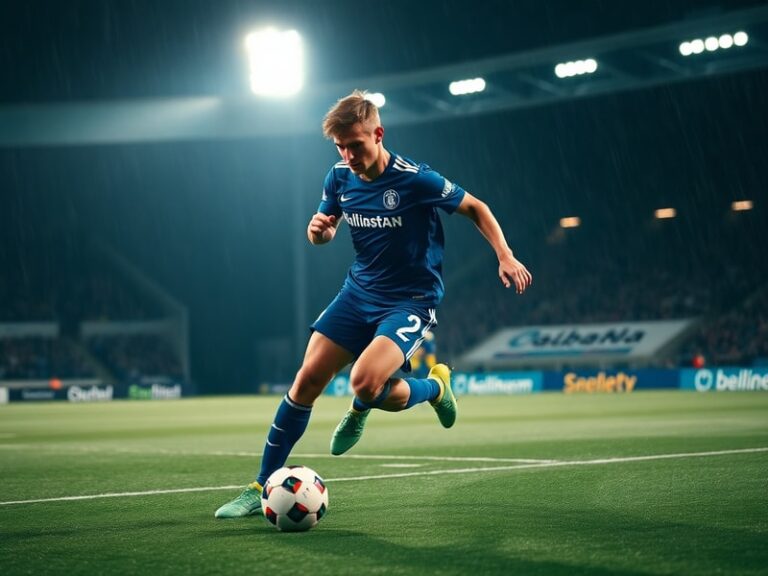 A dynamic action shot of Mattias Svanberg in a Wolfsburg kit, mid-pass in a Bundesliga match, with blurred stadium lights in