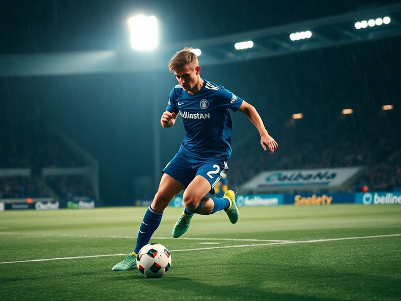 A dynamic action shot of Mattias Svanberg in a Wolfsburg kit, mid-pass in a Bundesliga match, with blurred stadium lights in