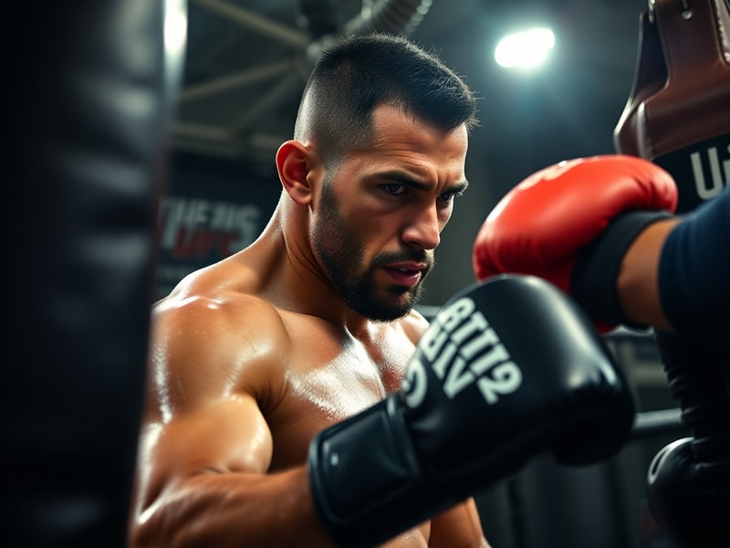 Alex Pereira in a focused training session, wearing UFC gear, with a determined expression. The octagon is faintly visible in