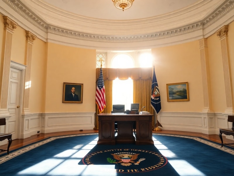 A wide-angle view of the Oval Office with its iconic Resolute Desk, historical artifacts, and the presidential seal on the ru