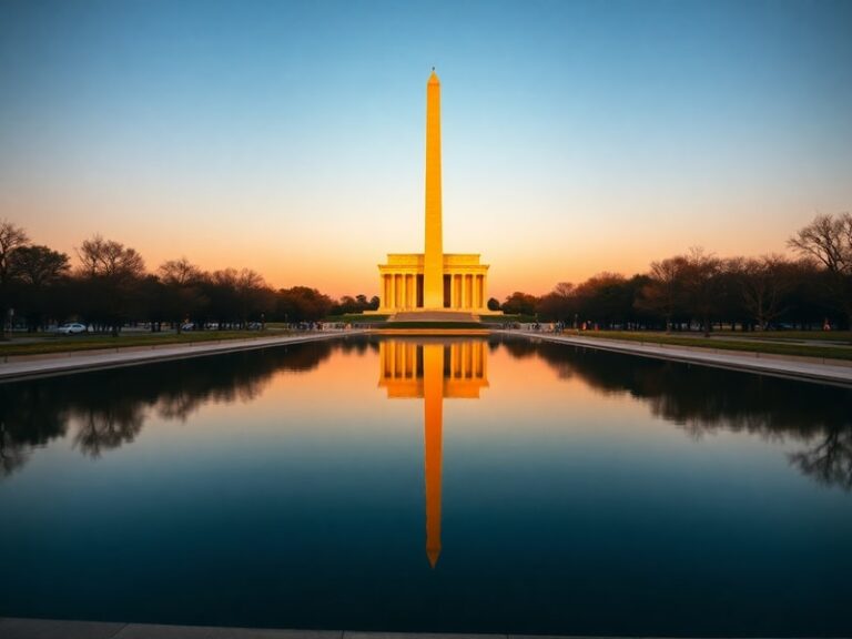 A daytime photograph of the Washington Monument standing tall against a clear blue sky, with the Reflecting Pool in the foreg