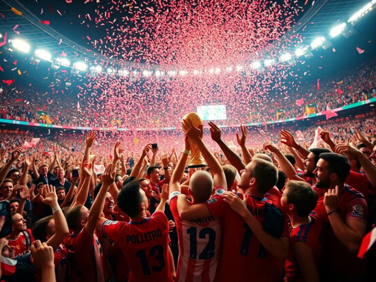 A vibrant stadium filled with fans wearing national team jerseys, with a digital overlay showing the 2026 World Cup logo and