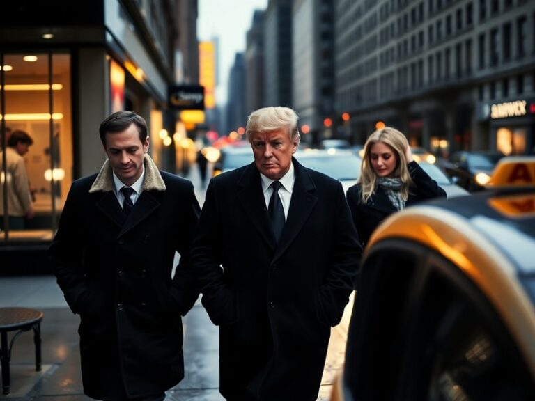 A professional family portrait of Donald Trump with his adult children—Donald Jr., Ivanka, and Eric—standing in front of a Tr