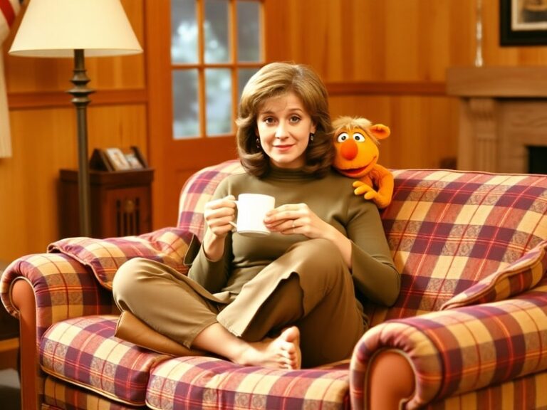 A vibrant photo of Anne Schedeen as Kate Tanner from the 1980s sitcom ALF, sitting in a cozy living room with a mischievous A