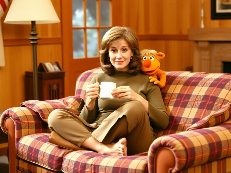 A vibrant photo of Anne Schedeen as Kate Tanner from the 1980s sitcom ALF, sitting in a cozy living room with a mischievous A