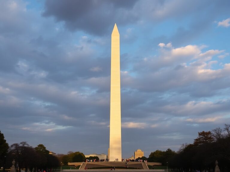 A clear daytime photograph of the Washington Monument in Washington, D.C., with the Lincoln Memorial visible in the foregroun