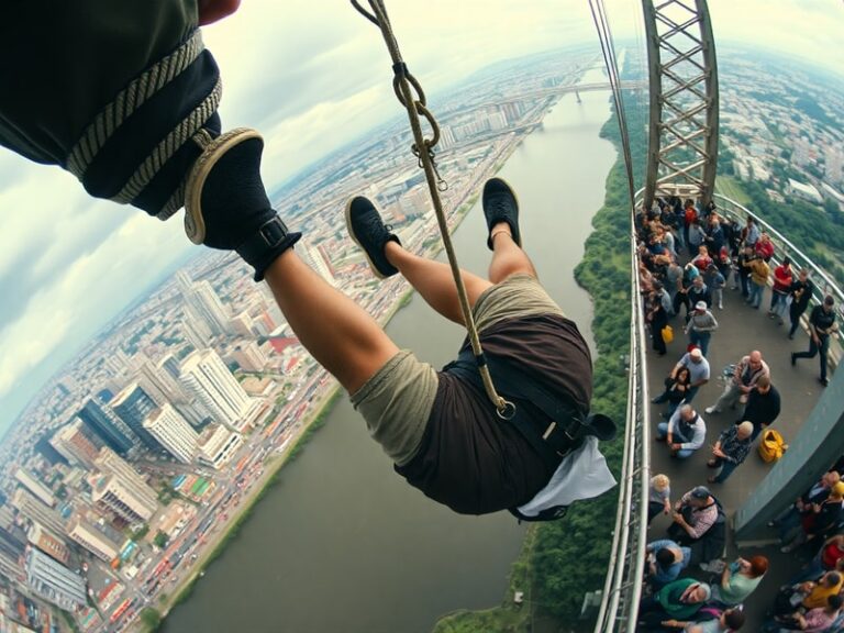 A split-image showing a vibrant bungee jumping platform in Brazil with tourists mid-jump on one side, and a somber scene of i