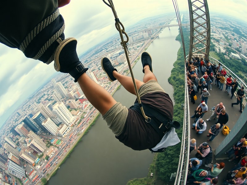 A split-image showing a vibrant bungee jumping platform in Brazil with tourists mid-jump on one side, and a somber scene of i
