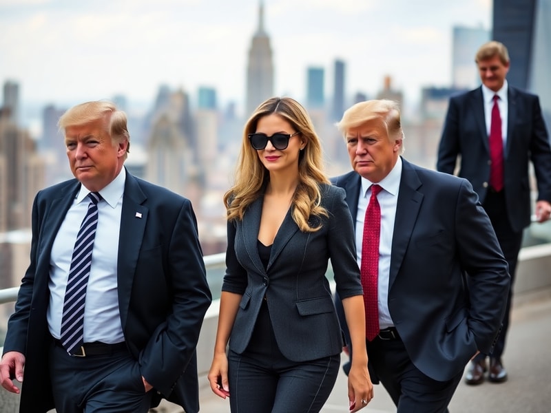 A stylized portrait of Donald Trump’s five children, arranged in a modern, minimalist setting with global landmarks subtly in