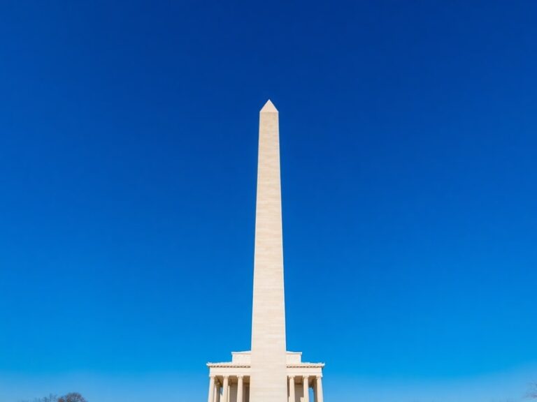 A daytime view of the Washington Monument in Washington, D.C., with its white marble obelisk standing tall against a partly c