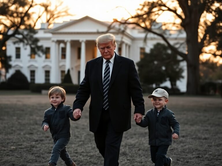 A family portrait of the Trump family, including Donald Trump with his five children, set against the backdrop of Trump Tower