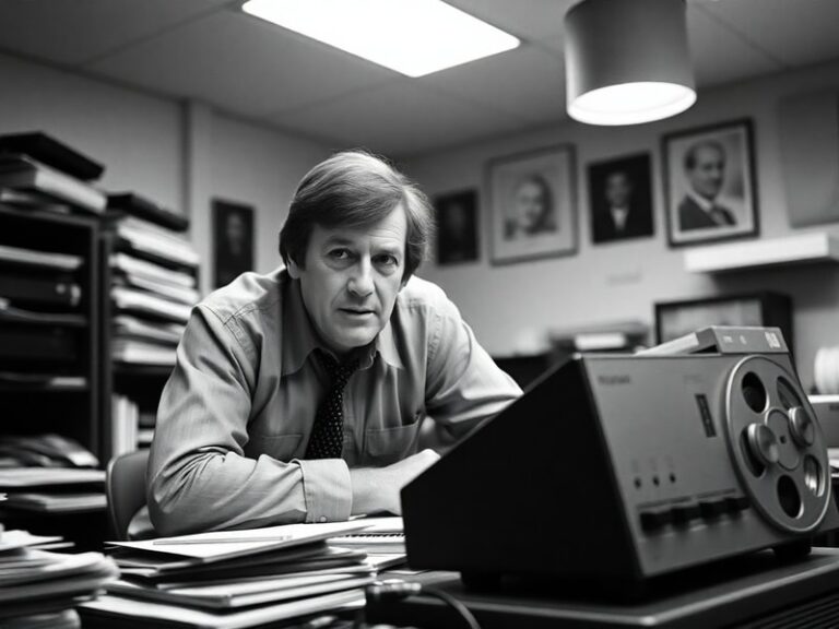 A black-and-white photograph of Roger Cook in a 1980s television studio, holding a microphone and appearing deeply focused du