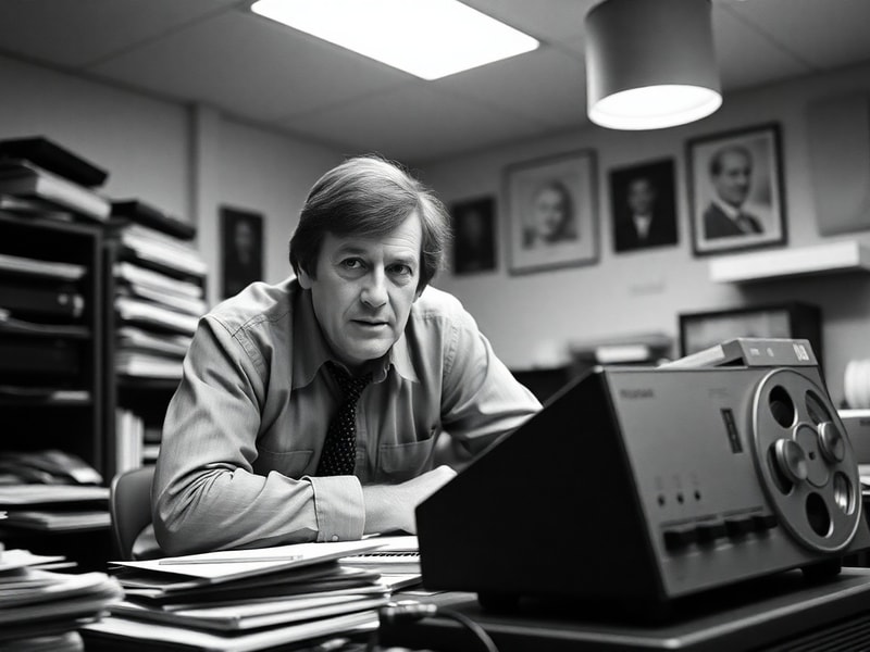 A black-and-white photograph of Roger Cook in a 1980s television studio, holding a microphone and appearing deeply focused du
