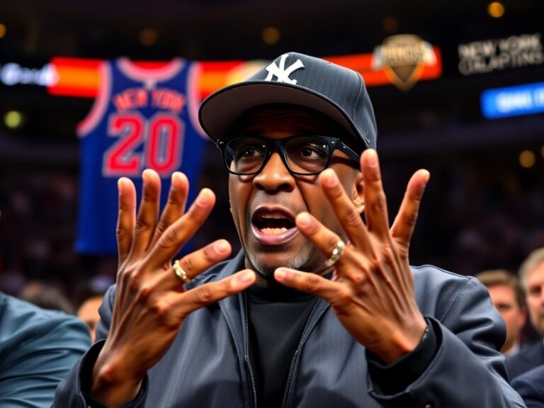 A split-image illustration showing Spike Lee in his iconic Knicks gear on the left and the 2019 Knicks championship ring on t