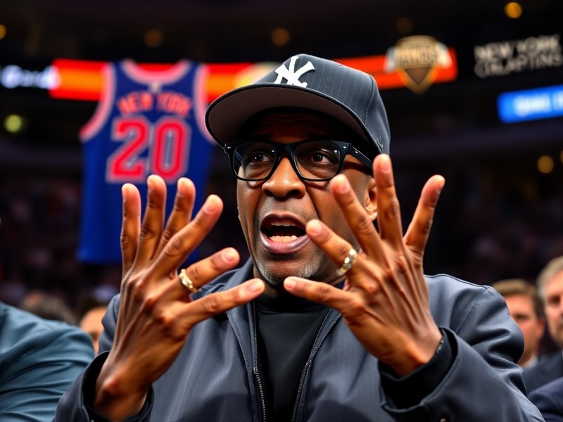 A split-image illustration showing Spike Lee in his iconic Knicks gear on the left and the 2019 Knicks championship ring on t