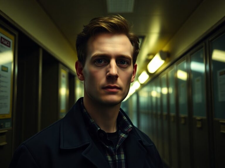 A cinematic portrait of Shaun Evans in character as young Morse, wearing a 1960s trench coat and holding a notebook, set agai