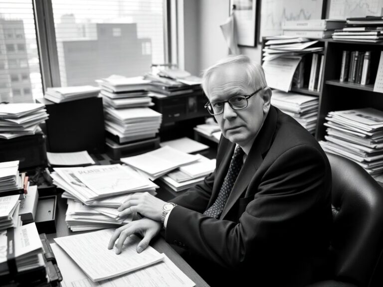 A professional portrait of Ron Baron in a modern office setting, wearing a suit, with a city skyline visible through large wi