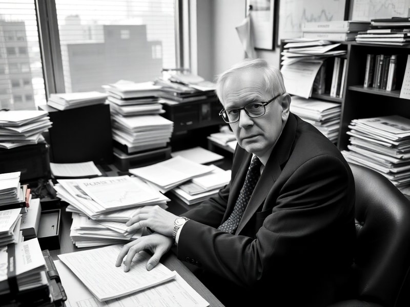 A professional portrait of Ron Baron in a modern office setting, wearing a suit, with a city skyline visible through large wi