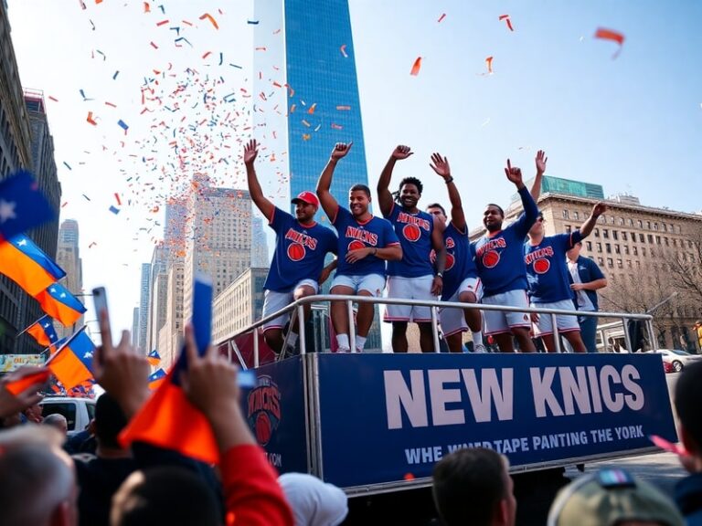 A vibrant scene of the New York Knicks victory parade in Manhattan, featuring blue and orange confetti, fans in team jerseys,