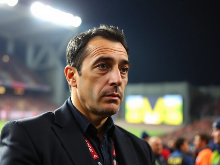 Sabri Lamouchi in a tactical discussion on the sidelines, wearing a dark blazer and holding a tablet, with a stadium blurred