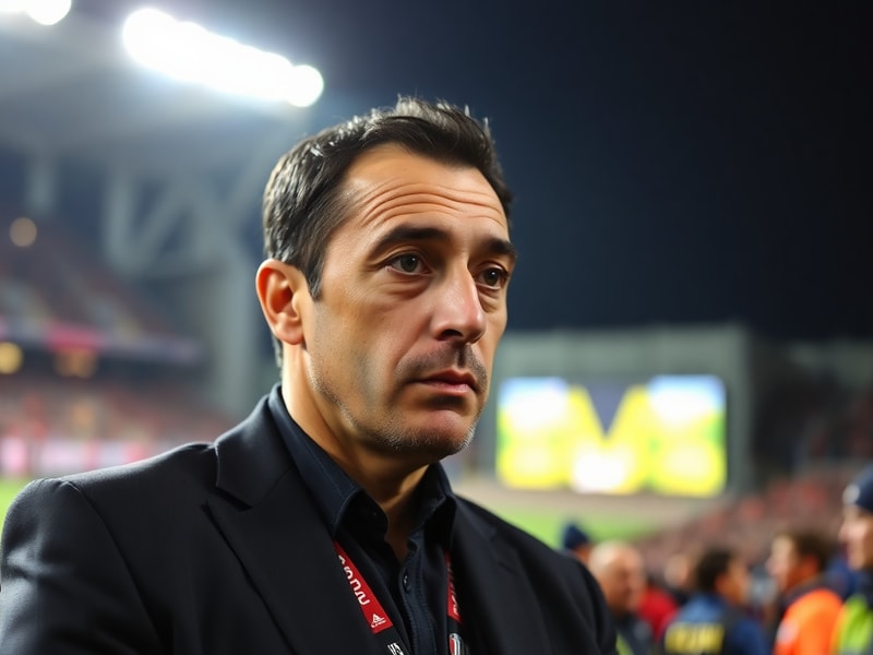 Sabri Lamouchi in a tactical discussion on the sidelines, wearing a dark blazer and holding a tablet, with a stadium blurred