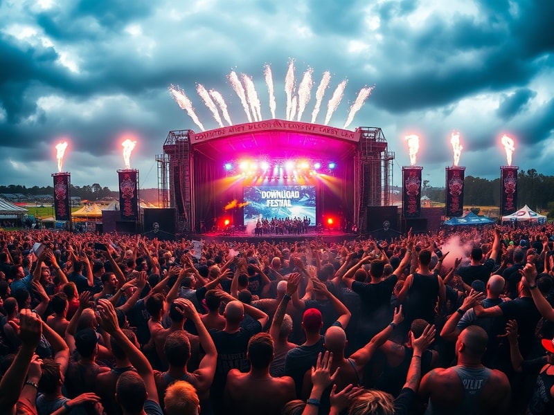 A wide-angle shot of Download Festival at Donington Park, showing the Main Stage under a stormy sky, a packed crowd in black