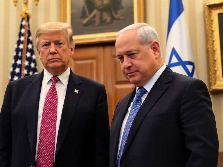 A formal meeting between Donald Trump and Benjamin Netanyahu in the Oval Office, with both leaders seated in plush chairs, Am