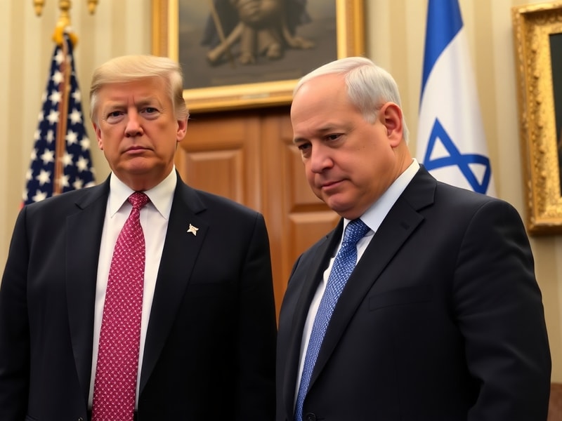 A formal meeting between Donald Trump and Benjamin Netanyahu in the Oval Office, with both leaders seated in plush chairs, Am