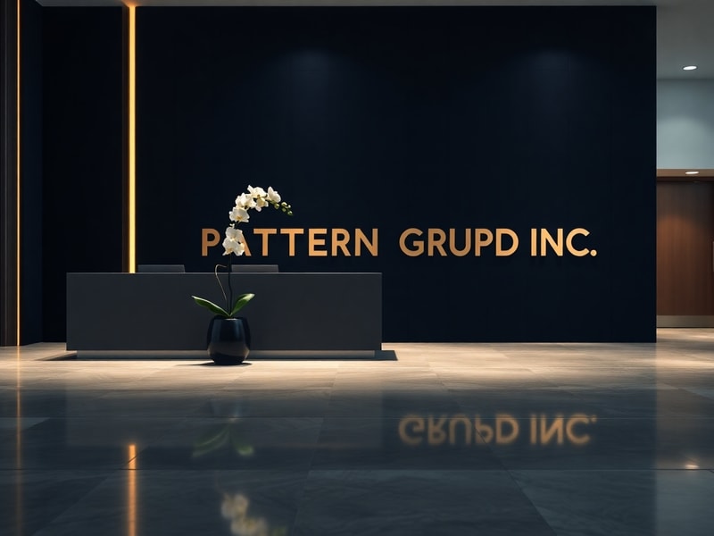 A sleek, modern warehouse interior with branded Pattern Group packaging on conveyor belts, glowing blue accents highlighting