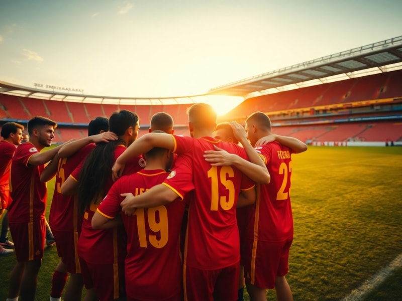 A dynamic action shot of España FC players in blue and white kits celebrating on the pitch, with the club’s modern stadium in