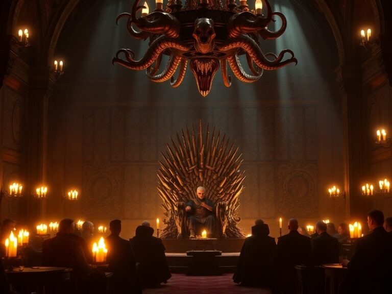 A cinematic shot of the Iron Throne room in flames, with dragon silhouettes soaring outside the windows, evoking fire, power,