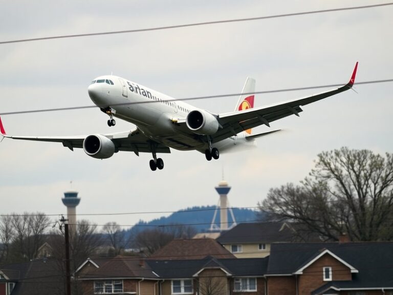 A commercial airplane landing at Syracuse Hancock International Airport during a stormy evening, with lightning in the backgr