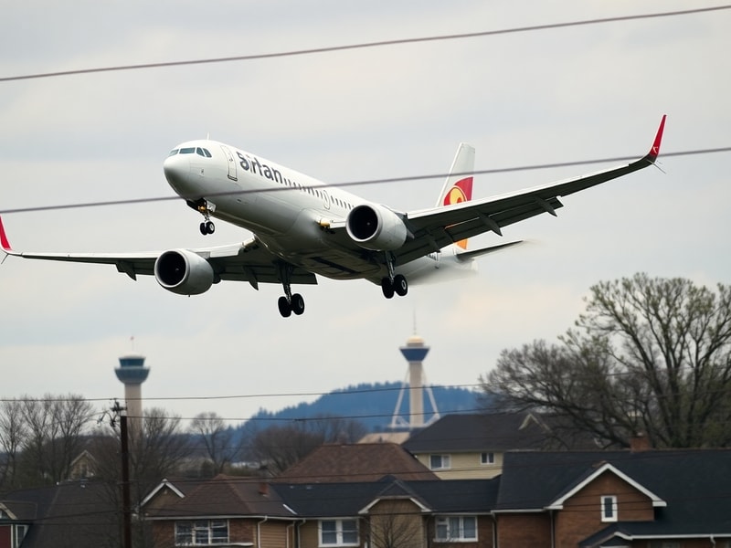 A commercial airplane landing at Syracuse Hancock International Airport during a stormy evening, with lightning in the backgr