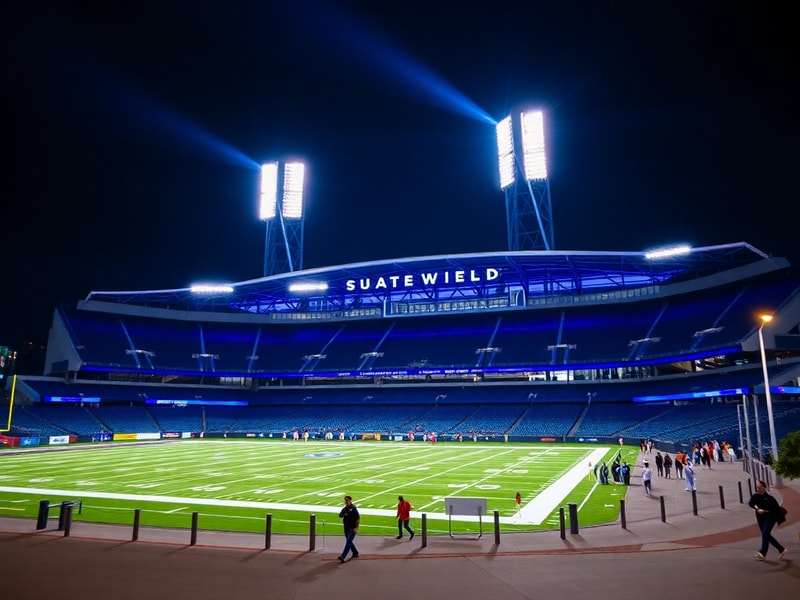 A vibrant nighttime shot of Lumen Field during a Seahawks game, with the stadium lit up against the Seattle skyline, fans in