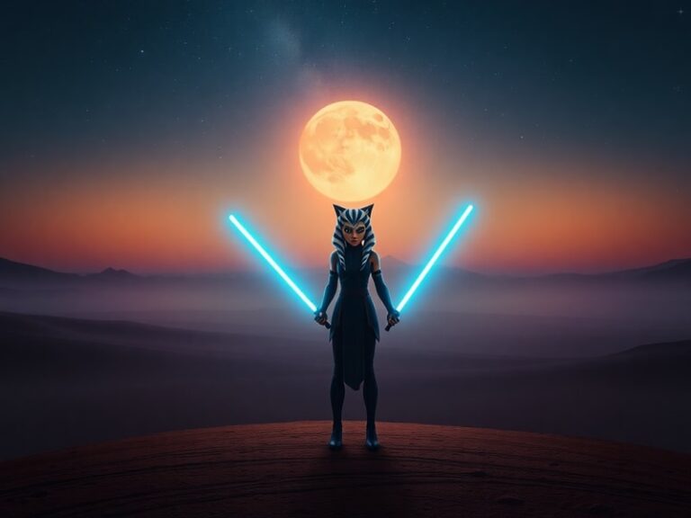 A cinematic still of Ahsoka Tano standing on a rocky outcrop under a dual sunset, her white robes flowing, with the silhouett