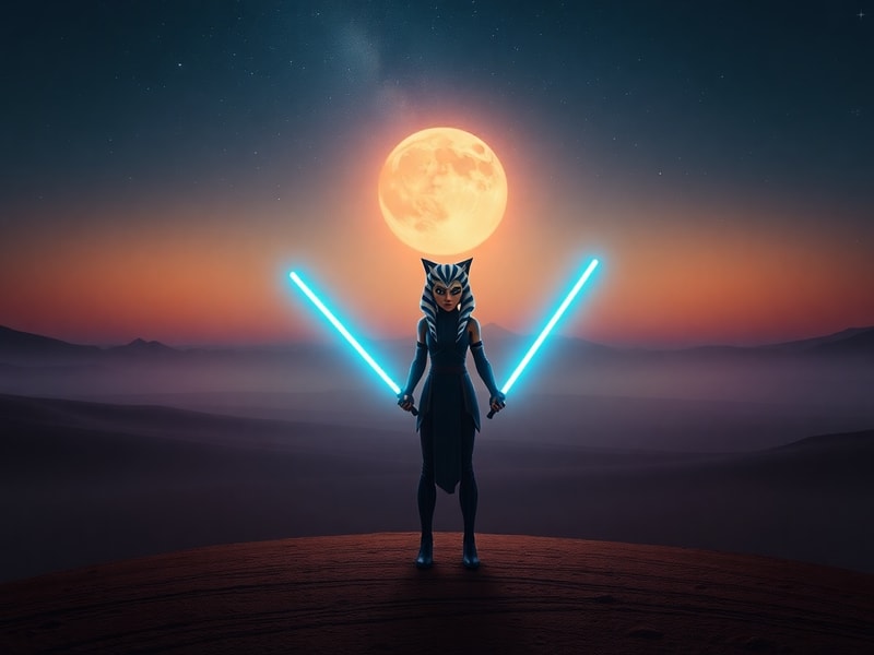 A cinematic still of Ahsoka Tano standing on a rocky outcrop under a dual sunset, her white robes flowing, with the silhouett