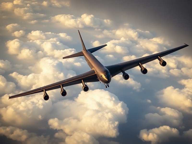 A B-52 Stratofortress in flight, banking slightly to the left, showing its eight-engine configuration and distinctive swept w