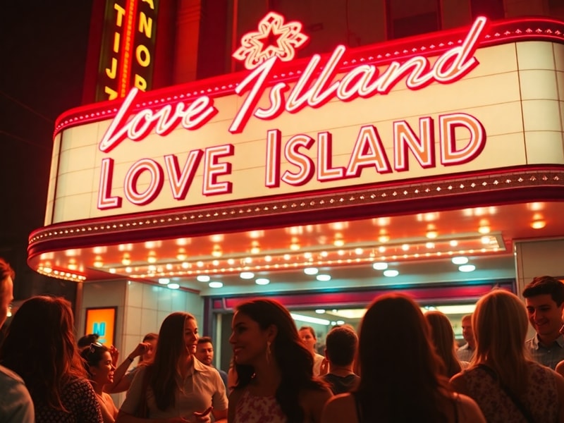 A vibrant movie theater packed with enthusiastic fans watching a Love Island episode on a large screen, with confetti and dra