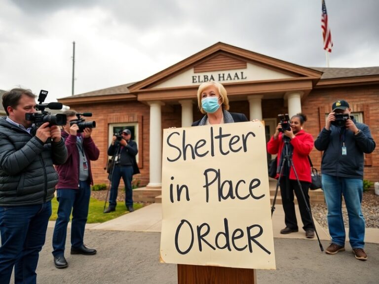 A quiet residential street in Elba, Alabama, with a visible shelter-in-place order sign posted on a utility pole. The scene i