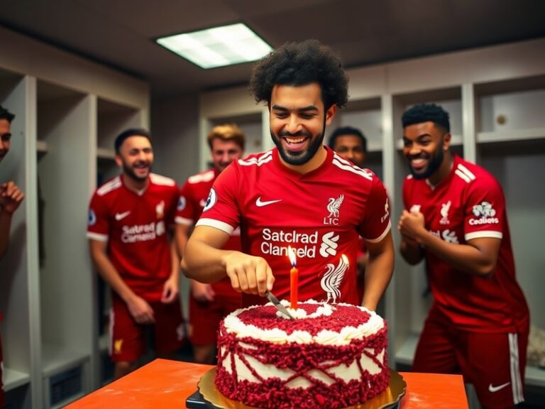 A vibrant photo of Mohamed Salah mid-celebration at Anfield, wearing Liverpool's red kit, with fans in the background holding