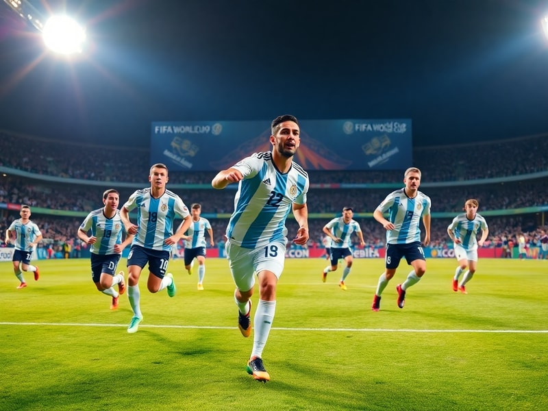 A dynamic image of Argentina’s national team celebrating a goal at a packed stadium, showcasing team unity and jubilation und