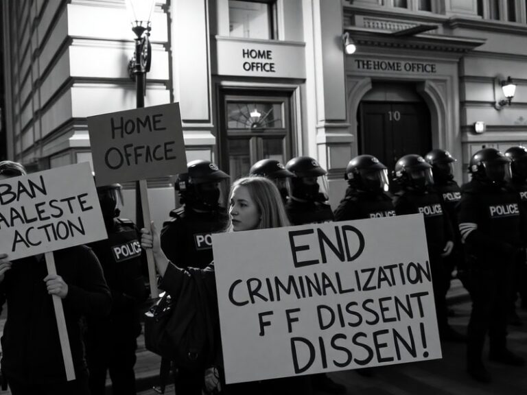 A protest scene with activists holding signs, police in riot gear, and a banner reading 'Stop Arming Israel'. The mood is ten