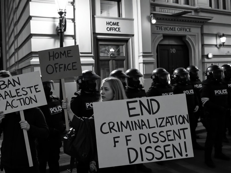 A protest scene with activists holding signs, police in riot gear, and a banner reading 'Stop Arming Israel'. The mood is ten