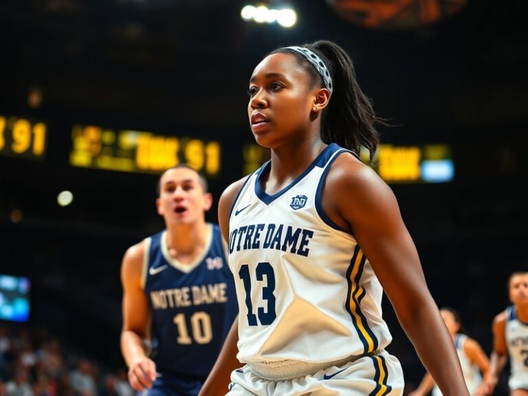 Arike Ogunbowale mid-game, wearing a Dallas Wings jersey, dribbling with intense focus on a packed arena court. Dynamic light