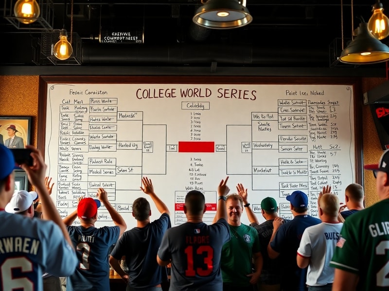 A split-screen image showing a jubilant college baseball team celebrating in Omaha, with the College World Series bracket dis